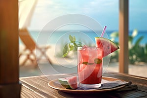 Refreshing pink cocktail by the sea. Waterlemon. Summer, beach and vacation