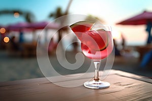 Refreshing pink cocktail by the sea. Waterlemon. Summer, beach and vacation