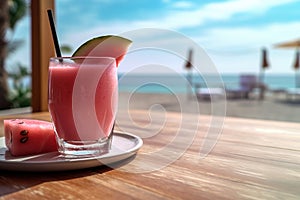 Refreshing pink cocktail by the sea. Waterlemon. Summer, beach and vacation