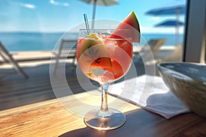 Refreshing pink cocktail by the sea. Waterlemon. Summer, beach and vacation