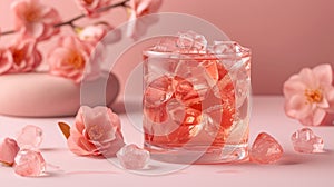 Refreshing pink lemonade with ice cubes and camellia flowers on a pink background