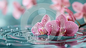 Refreshing Pink Orchids in Water Drops - Freshness and Serenity Concept
