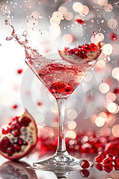 Refreshing Pomegranate Cocktail Splash on Shiny Surface
