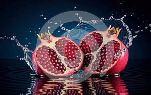 Pomegranate exploding with vibrant seeds captured in mid-air during a dynamic culinary demonstration