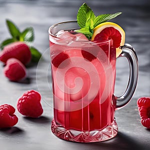 A refreshing raspberry mint lemonade with a raspberry, mint, and lemon garnish1