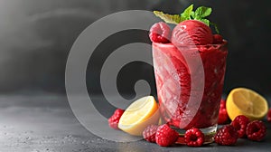 Refreshing Raspberry Sorbet with Lemon Garnish on Dark Backdrop