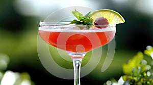 Refreshing red cocktail with cherry and lime in elegant glass