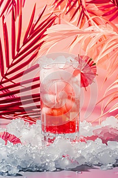 Refreshing Red Cocktail With Ice and Red Umbrella