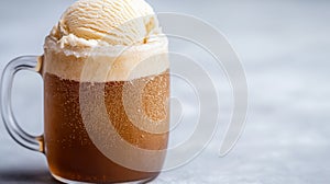 Refreshing root beer float with vanilla ice cream.