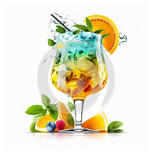 Refreshing sangria punch with fruits, blueberry, raspberry, orange and mint. Ice cold summer cocktail, detox water or