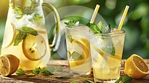 A Refreshing Scene of Lemonade Pitcher and Glasses Filled with Icy Citrus Drink, Set Against the Tranquil Countryside Backdrop