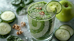 A refreshing smoothie of spinach, apples, cucumbers and walnuts against a clean white background. Generative AI