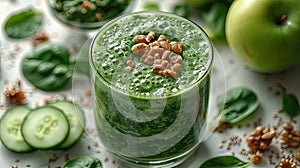 A refreshing smoothie of spinach, apples, cucumbers and walnuts against a clean white background. Generative AI