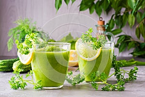 Refreshing smoothies from cucumber, green apple, fresh herbs