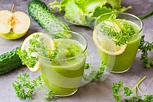 Refreshing smoothies from cucumber, green apple, fresh herbs
