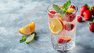 Refreshing soda water in glass on light gray background