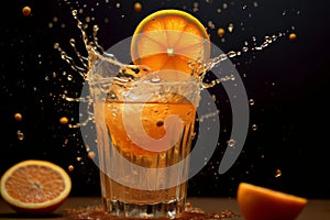 A refreshing splash of orange juice caught mid-air, conveying the invigorating and energizing nature of the drink. Generative Ai