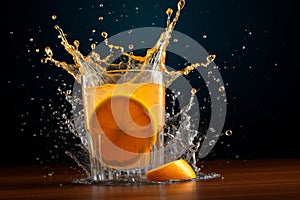 A refreshing splash of orange juice caught mid-air, conveying the invigorating and energizing nature of the drink. Generative Ai