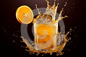 A refreshing splash of orange juice caught mid-air, conveying the invigorating and energizing nature of the drink. Generative Ai