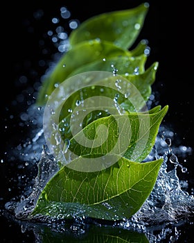 Refreshing Splash of Water on Vibrant Green Leaves. Generative ai