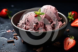 Refreshing strawberry chocolate ice cream with chocolate