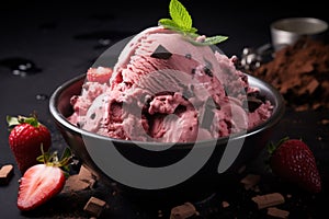 Refreshing strawberry chocolate ice cream with chocolate