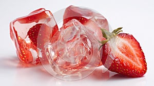 Refreshing strawberry and ice composition on white background