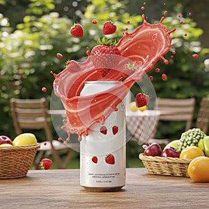 Refreshing Strawberry Splash: A Vibrant Drink Can with Bursting photo