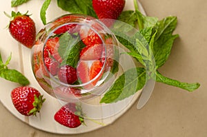 Refreshing strawberry water or lemonade decorated with mint
