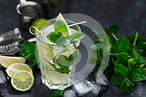 Refreshing summer alcoholic cocktail mojito with ice, fresh mint and lime