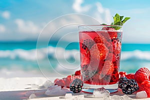 Refreshing summer berries cocktail in clear glass on sunlit beach, a perfect drink for a sunny day