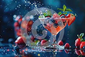 Refreshing Summer Berries Splashing in Water Glass Against Dark Background