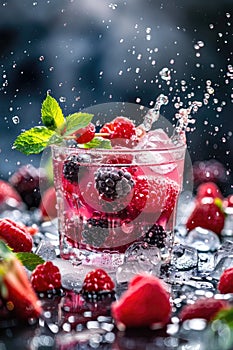 Refreshing Summer Berries Splashing in Water Glass Against Dark Background