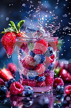 Refreshing Summer Berries Splashing in Water Glass Against Dark Background