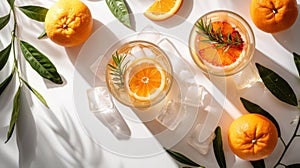 Refreshing summer citrus cocktail with orange slices and rosemary on a white background photo