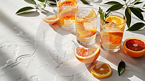 Refreshing summer citrus lemonade with orange slices and mint on white background