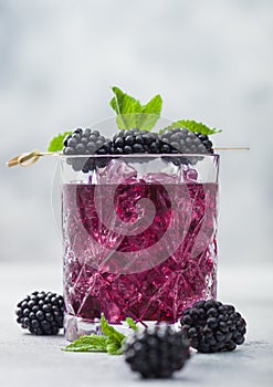 Refreshing summer cocktail with blackberry in crystal glass with ice cubes and mint on light background. Soda and alcohol mix