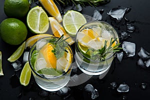 Refreshing summer  cocktail  with crushed  and citrus fruits on the dark background