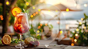 Refreshing summer cocktail with orange, lime and strawberry on a wooden table at sunset