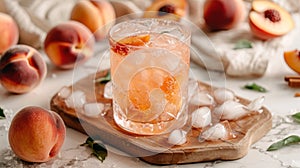 Refreshing summer cocktail with peach slices and ice cubes