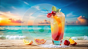 Refreshing summer cocktail on tropical beach at sunset. Generative AI
