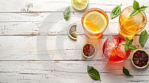 Refreshing summer cocktails with blood orange, lemon and lime slices and basil leaves on whitewashed wooden background