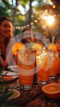 Refreshing summer cocktails with orange garnish, suitable for lifestyle blogs and social events. Trendy Mexican food.