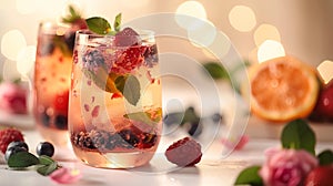 Refreshing summer drink with berries, mint and ice in a clear glass with a blurred background of lights and fruit