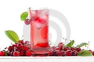 Refreshing summer drink, a cherry with ice cube, fruit cocktail, berry and water