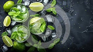 Refreshing summer drink with lime, mint and ice on a black background. Top view. Copy space