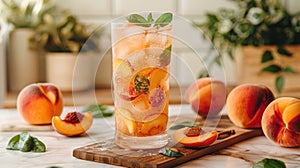 Refreshing summer drink with peach slices and mint in a tall glass on a wooden board