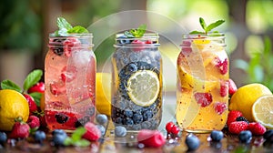 Refreshing summer drinks with fruit and berries in mason jars