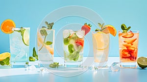 Refreshing Summer Drinks Lineup Against Blue. Cool Beverages with Fruits Decoration. Ideal for Hot Days. Cool down with