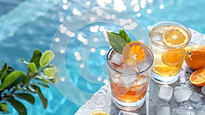 Refreshing summer drinks by the pool. Two glasses of orange and lemon infused water with ice cubes and fresh fruit slices